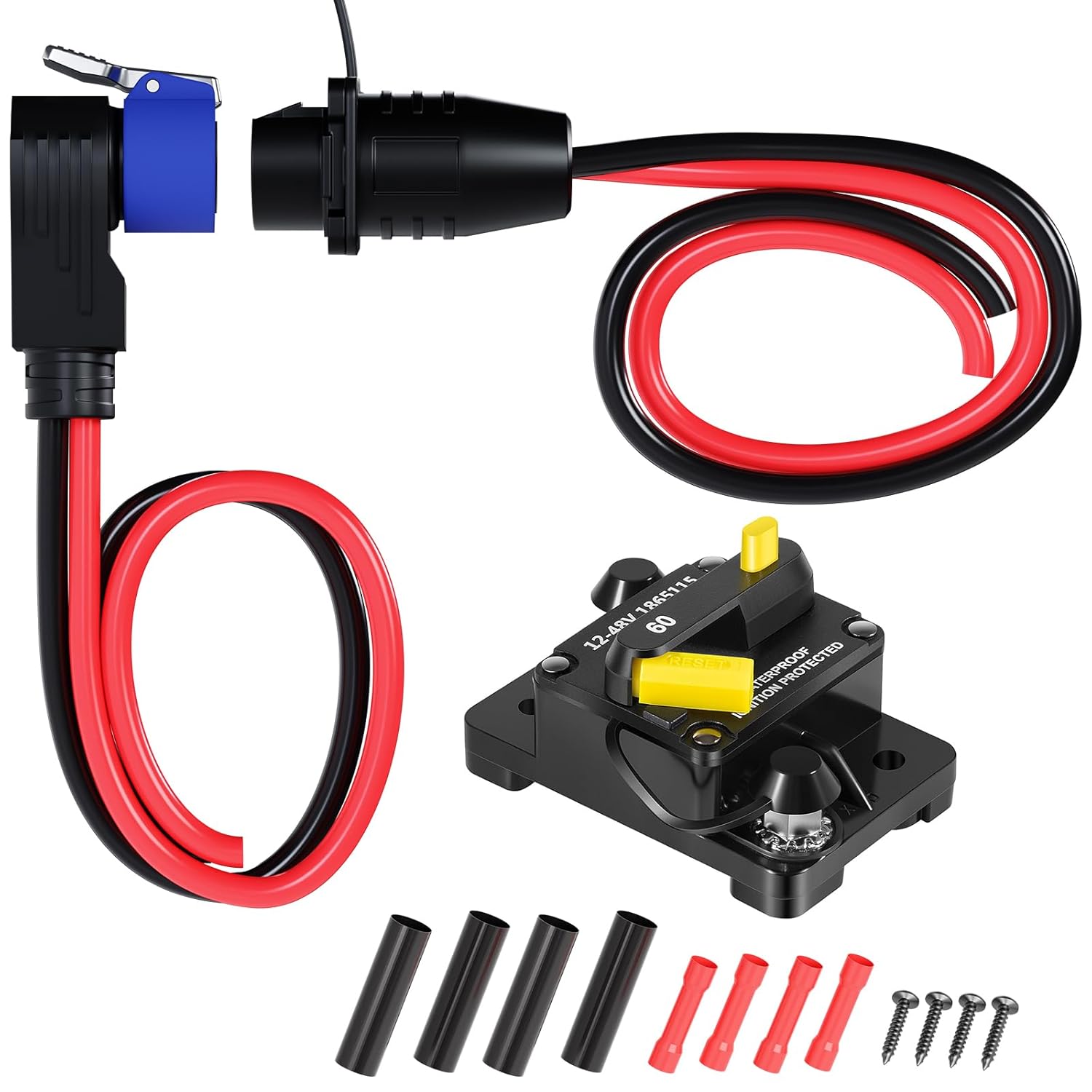 60A Marine Trolling Motor Plug and Receptacle with Circuit Breaker Kit – 12V-48V Boat Power Connector, IP67 Waterproof, Manual Reset, UL-Listed & ABYC Compliant, for Minn Kota & MotorGuide