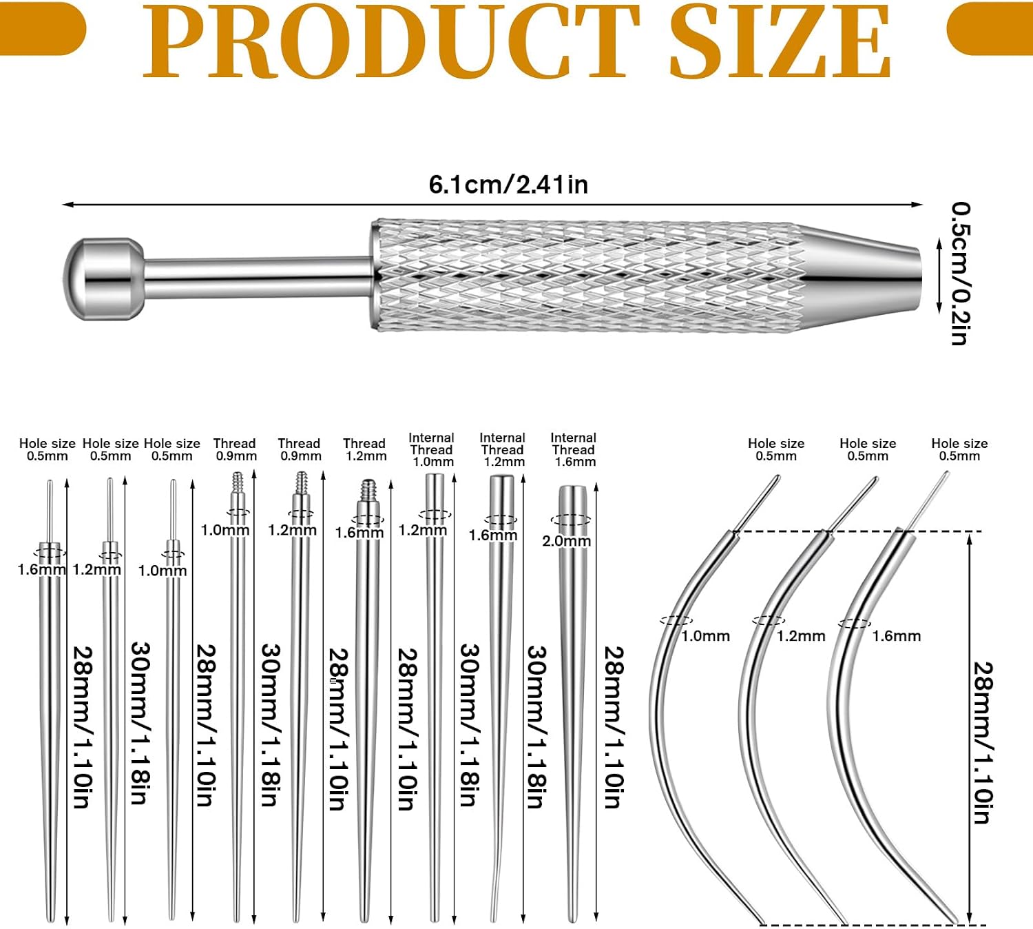 Piercing Taper Ball Grabbing Tool Stainless Steel Flat Back Pin Applicator Threaded Internal External Body Needle Kit Changing Jewelry Replacement for Ear Nose Navel Lip Nipple Eyebrow