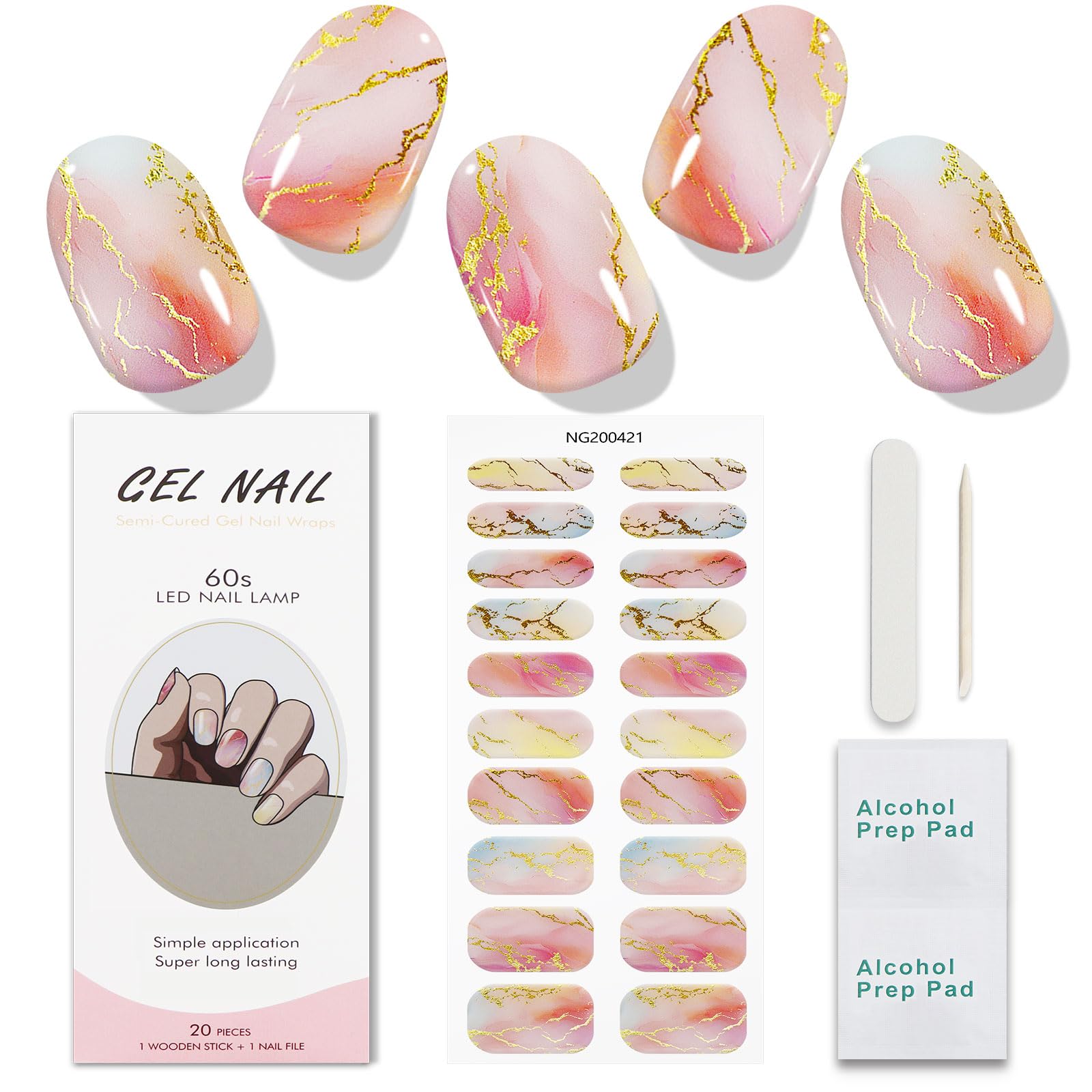 JMEOWIO Gel Nail Stickers Colorful Marble Semi Cured Gel Nail Strips Wraps UV/LED Nails Art Design Decoration Accessories