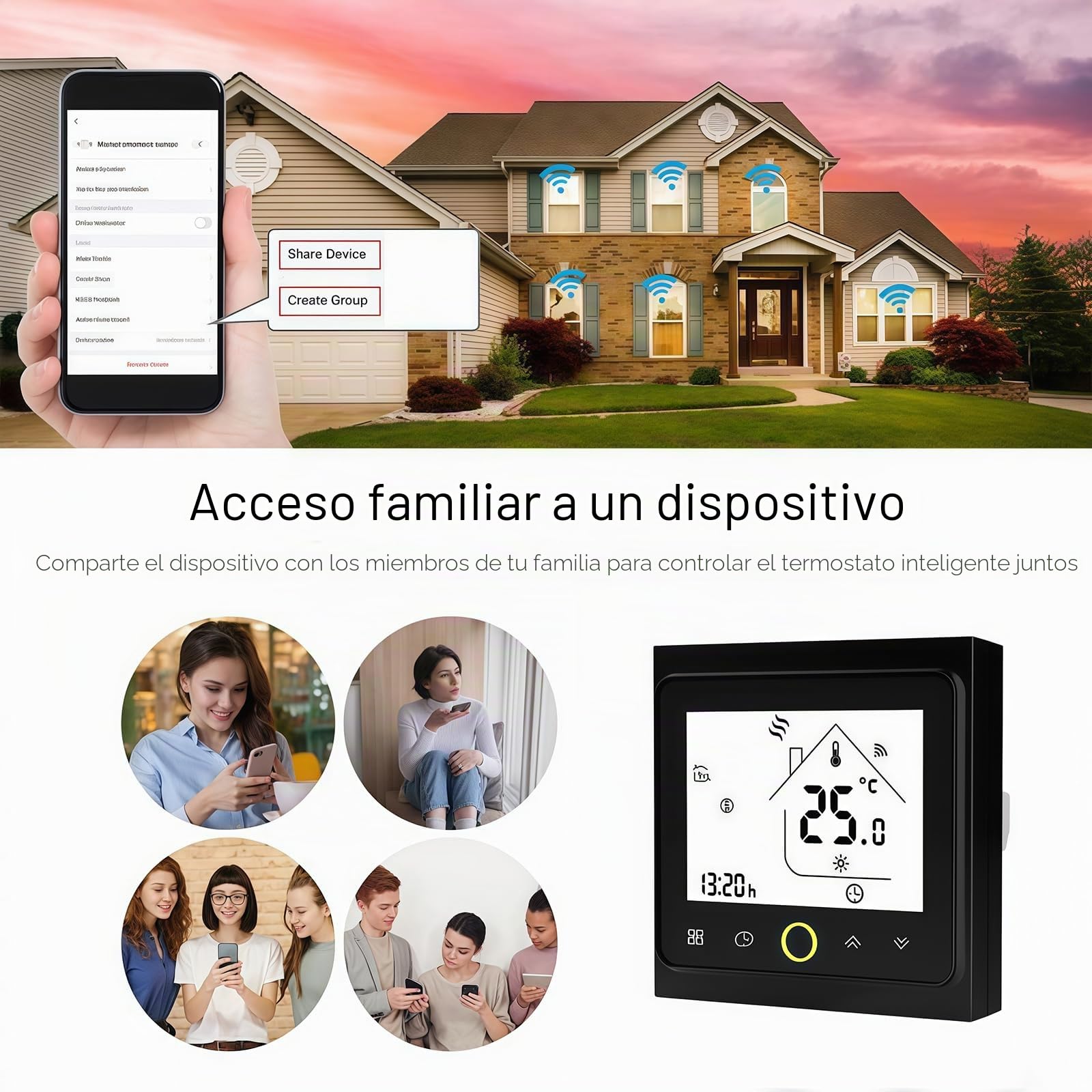 002 Serie Wi-Fi Termostato - Termostato con Pantalla Táctil Programable para Calefacción o Aire Acondicionado - Control Remoto Desde Teléfono Móvil Compatible con Alexa, Google Home e IFTTT