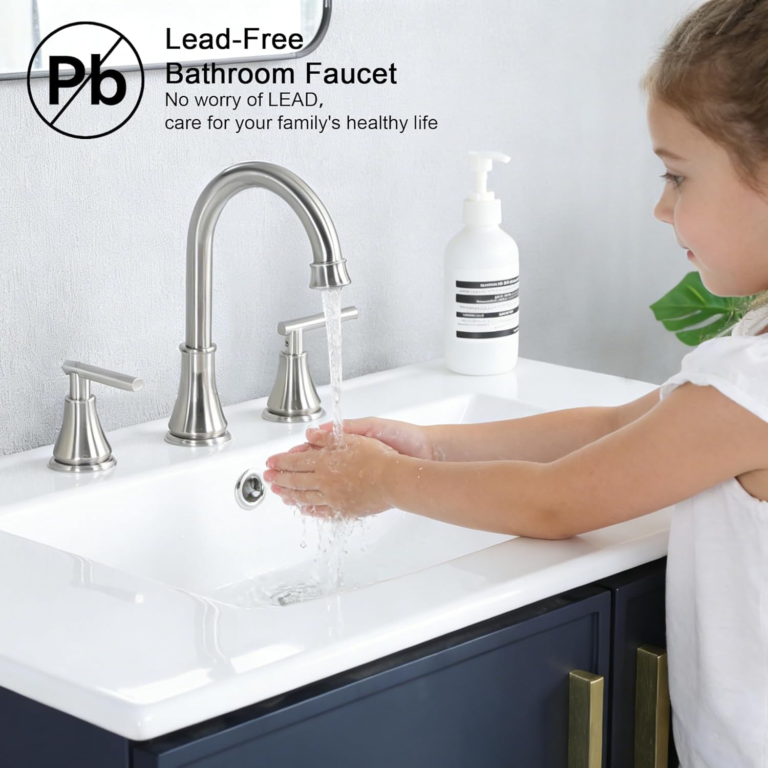 COMLLEN Brushed Nickel Bathroom Faucet 3 Hole Vanity,360 Degree Rotating Spout, 2 Handle 360° Swivel Matte Black 8 Inch Widespread Bathroom Sink Faucet 3 Holes, with Pop-up Drain, Supply Lines