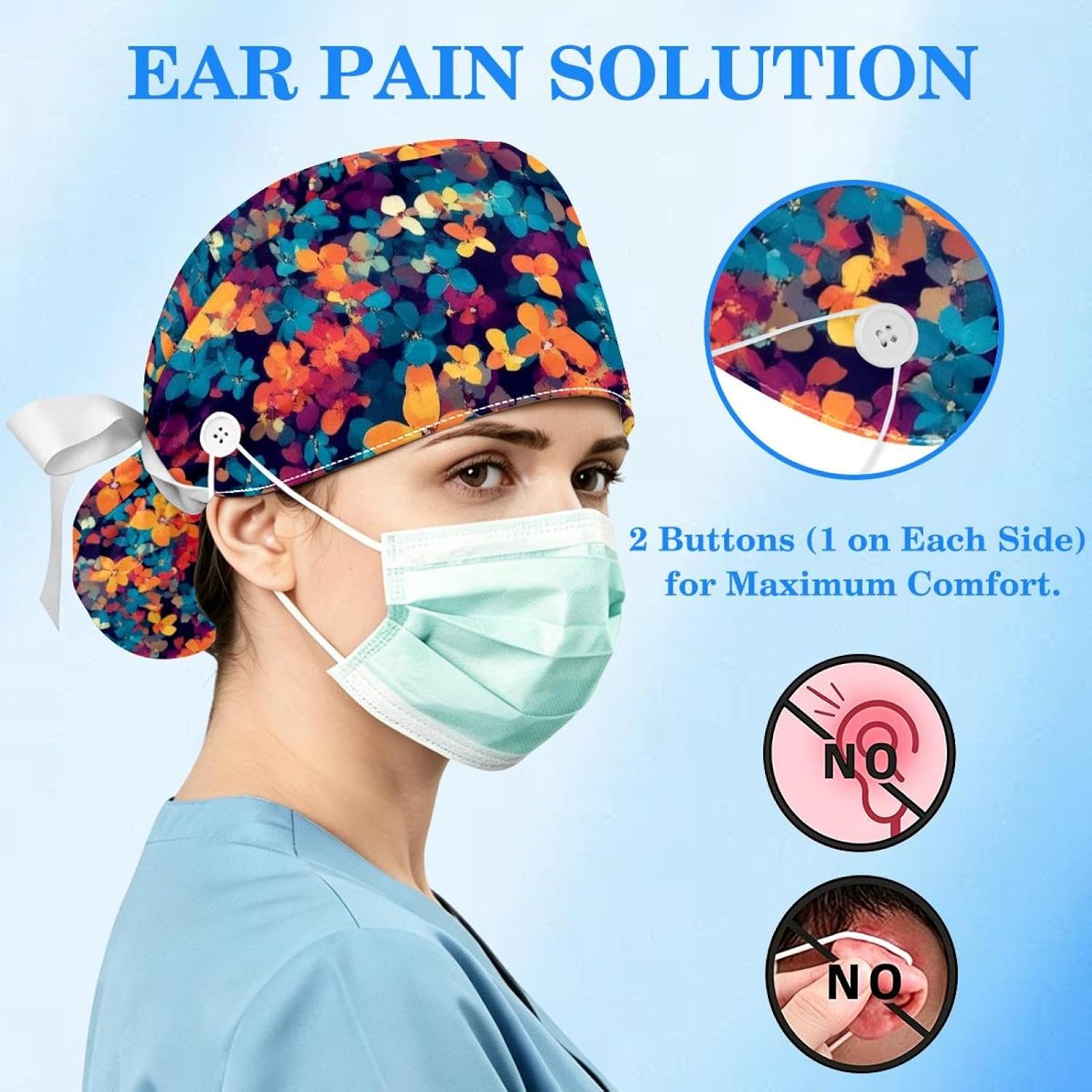Flower Leaf Floral Scrub Caps Women Ponytail