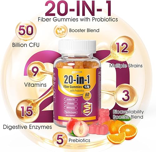 Miniatura 5 de Gomitas de fibra para mujeres, suplemento prebiótico con cáscara de psyllium, inulina, ACV y 50 mil millones de probióticos UFC, equilibrio