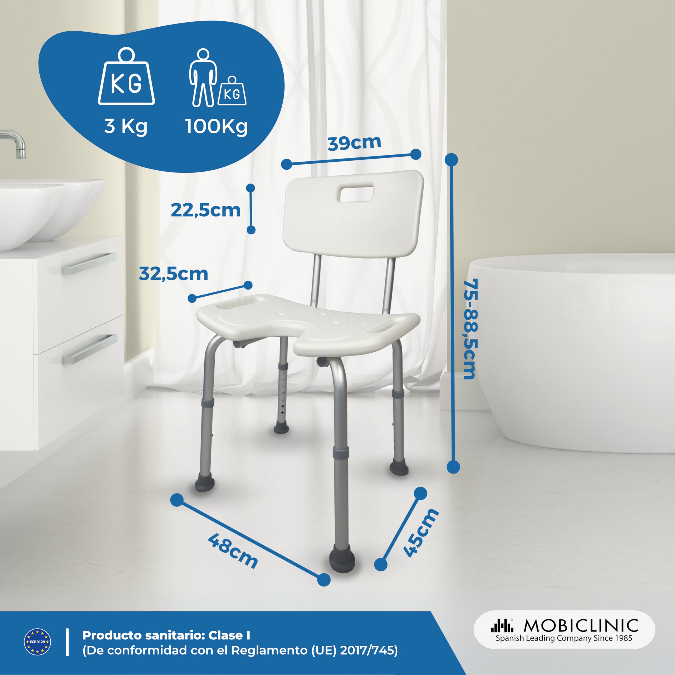 Mobiclinic, Silla de baño, Marisma, Taburete Ducha, Marca española, Asiento en u, Ortopédica, Altura Regulable, con Respaldo, Conteras Antideslizantes, para Personas Mayores, Movilidad Reducida