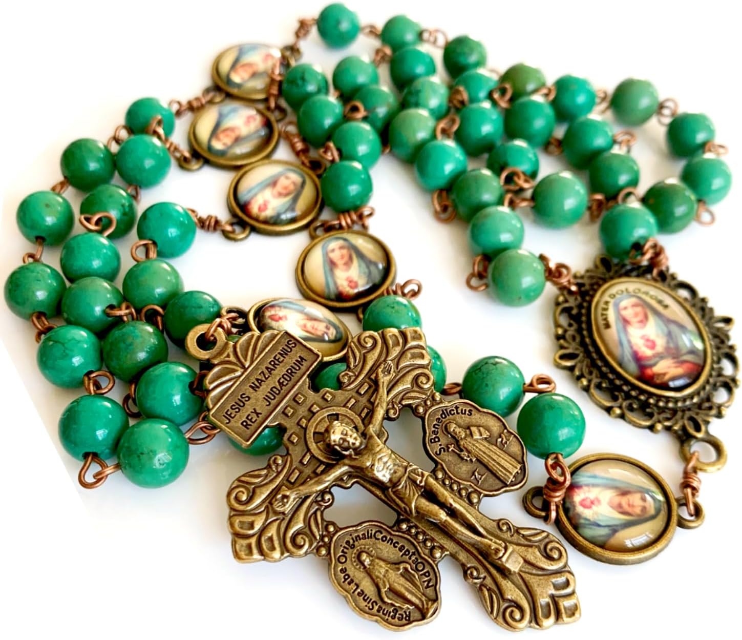elegantmedical Hanmade Turguoies Prayer Beads Catholic MATER DOLOROSA Rosary Bronze Pardon Crucifix Necklace Gift Box (Turguoies)