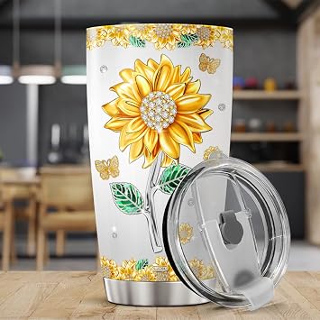 CUBICER Ayçiçeği Bardağı 567 ml Kapaklı Çiçek Paslanmaz Çelik Yalıtımlı Tema Kahve Seyahat Çiçekli Kupa Bardak Kızlar Anne Kız Kadınlar için Tatil Doğum Gününde