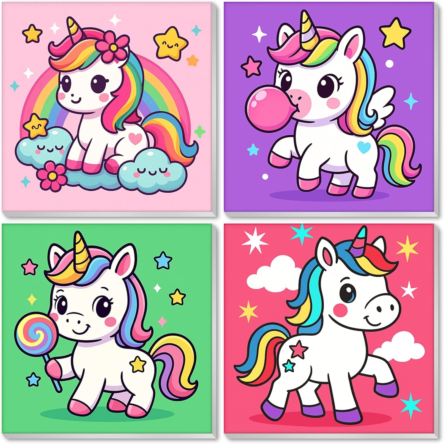 Nariolar 4 Pack Paint by Numbers Kit for Kids Ages 4-8 with 8X8 inch Pre-Printed Canvas,Acrylic Paint Pots and 6 Painting Brushes，Creative Gifts for Kids（Candy Unicorn