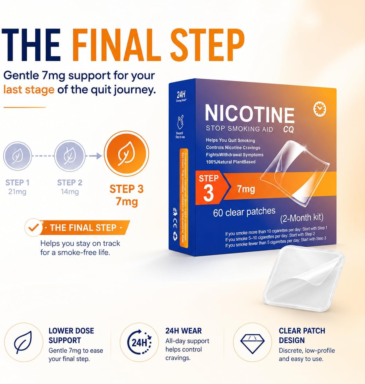 Nicotine Patches to Help Quit Smoking (Step 3) | 7mg, 60 Counts | Strong Adhesion, All Skin Type 24-Hour Transdermal Nicotine System-5pcs