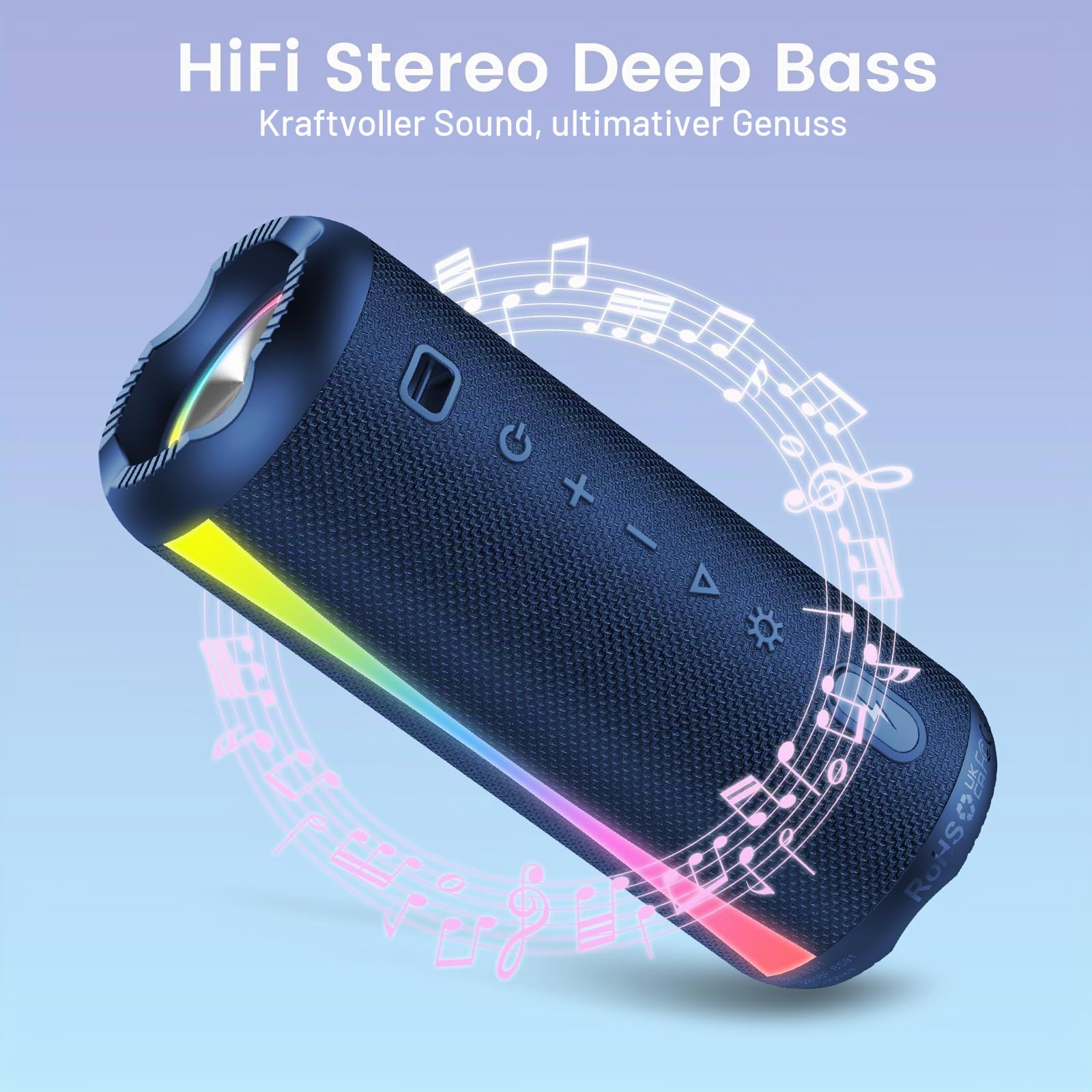 Bluetooth Lautsprecher mit Licht, Bluetooth 5.4 Musikbox, 30W Dual Lautsprecher, Dualen Bass-Treibern, 30 Std Akku, IPX7 wasserdicht, TWS Paarung
