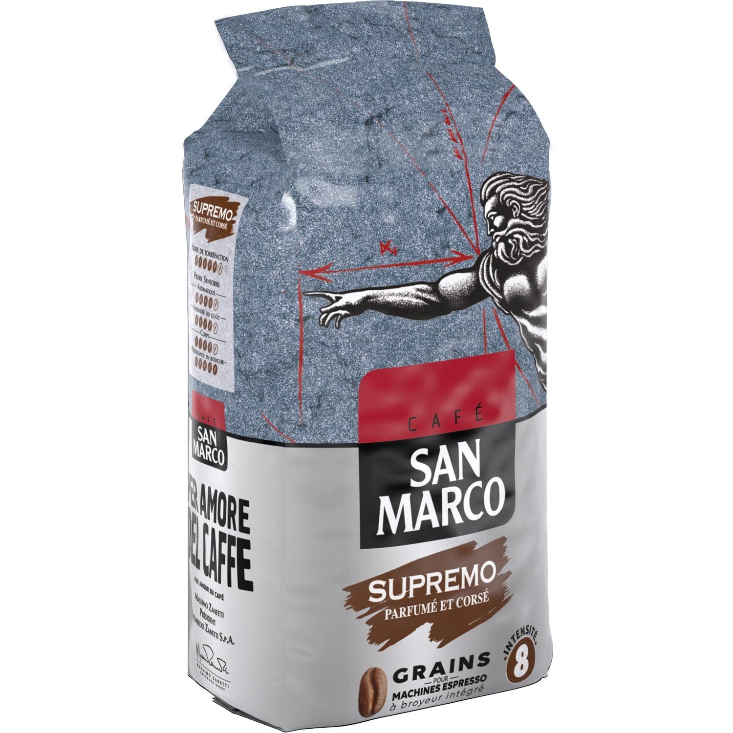 SAN MARCO Café en Grains Supremo Parfumé et Corsé Intensité 8, Torréfaction Artisanale, 1kg