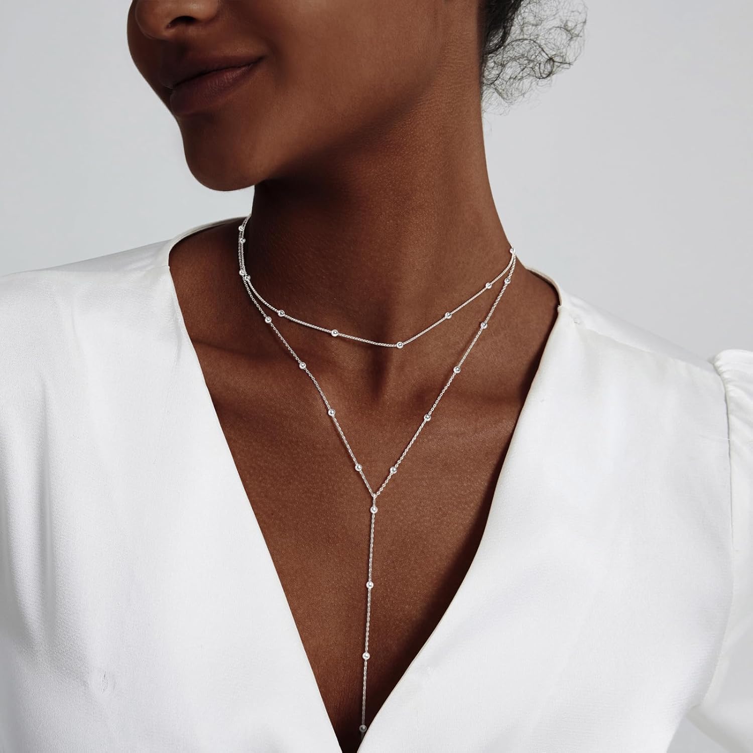 Gold Necklace for Women Trendy Lariat Y Necklace Dainty 14k Gold Plated/Silver Long Necklaces for Women Layered Beaded Drop Necklaces Simple Y-Shaped Chain Jewelry Gifts - Image 4