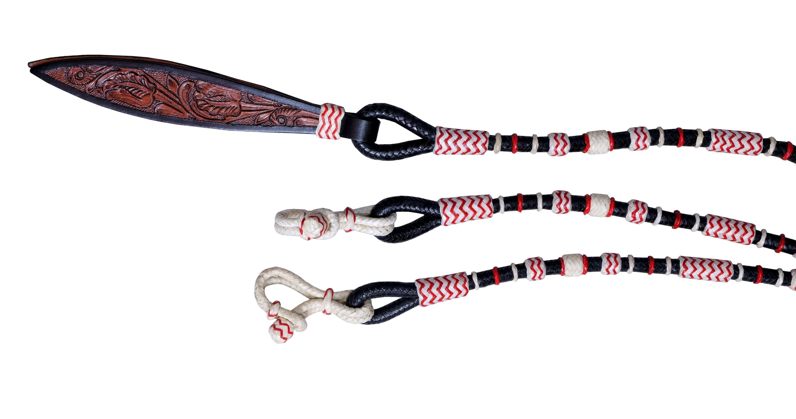 WeavingCraft Horse Western Tack Cowhide Leather Rope with White,Red Plaited Design- Hand Braided Knots Romal Reins (Black) Hand Made Ranch Rope/RopeReins-8.5 Ft Rein, 52' Romel