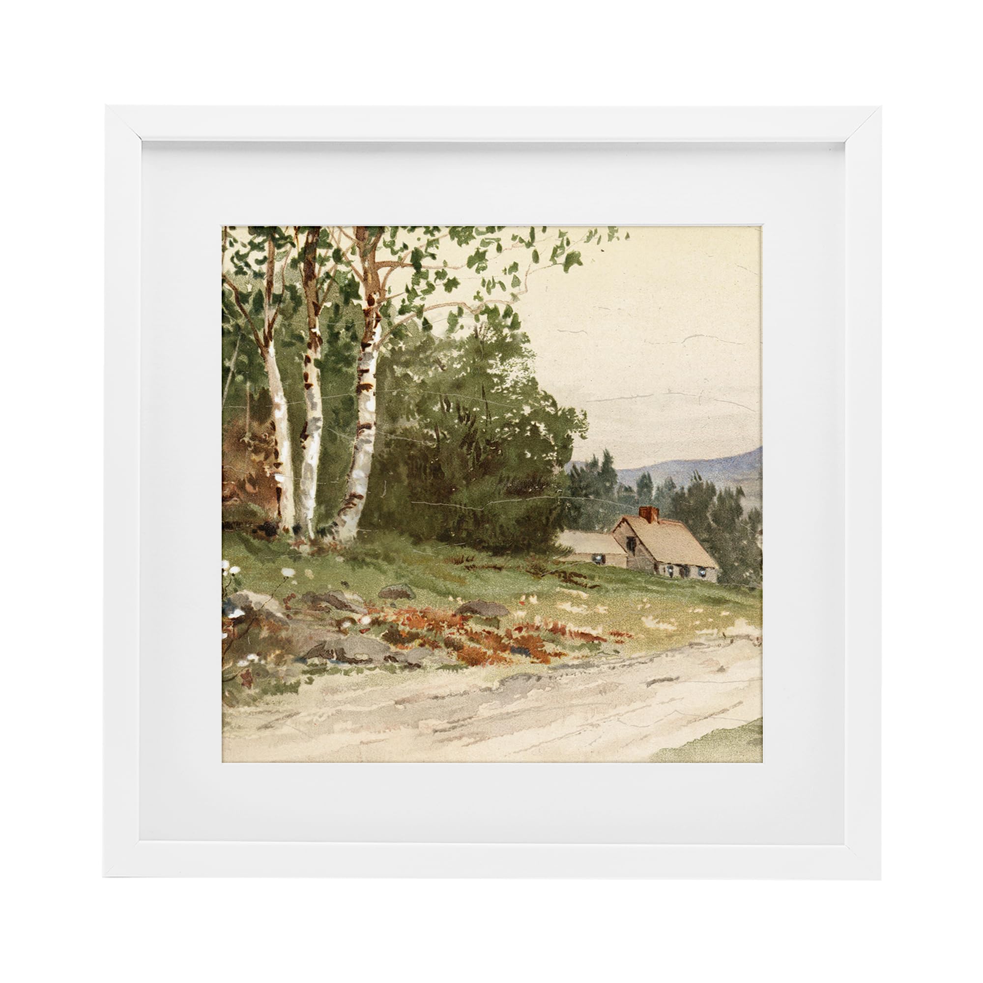 Farm House Dirt Road Landscape, 16 x 16 Inch Framed Print Under Glass