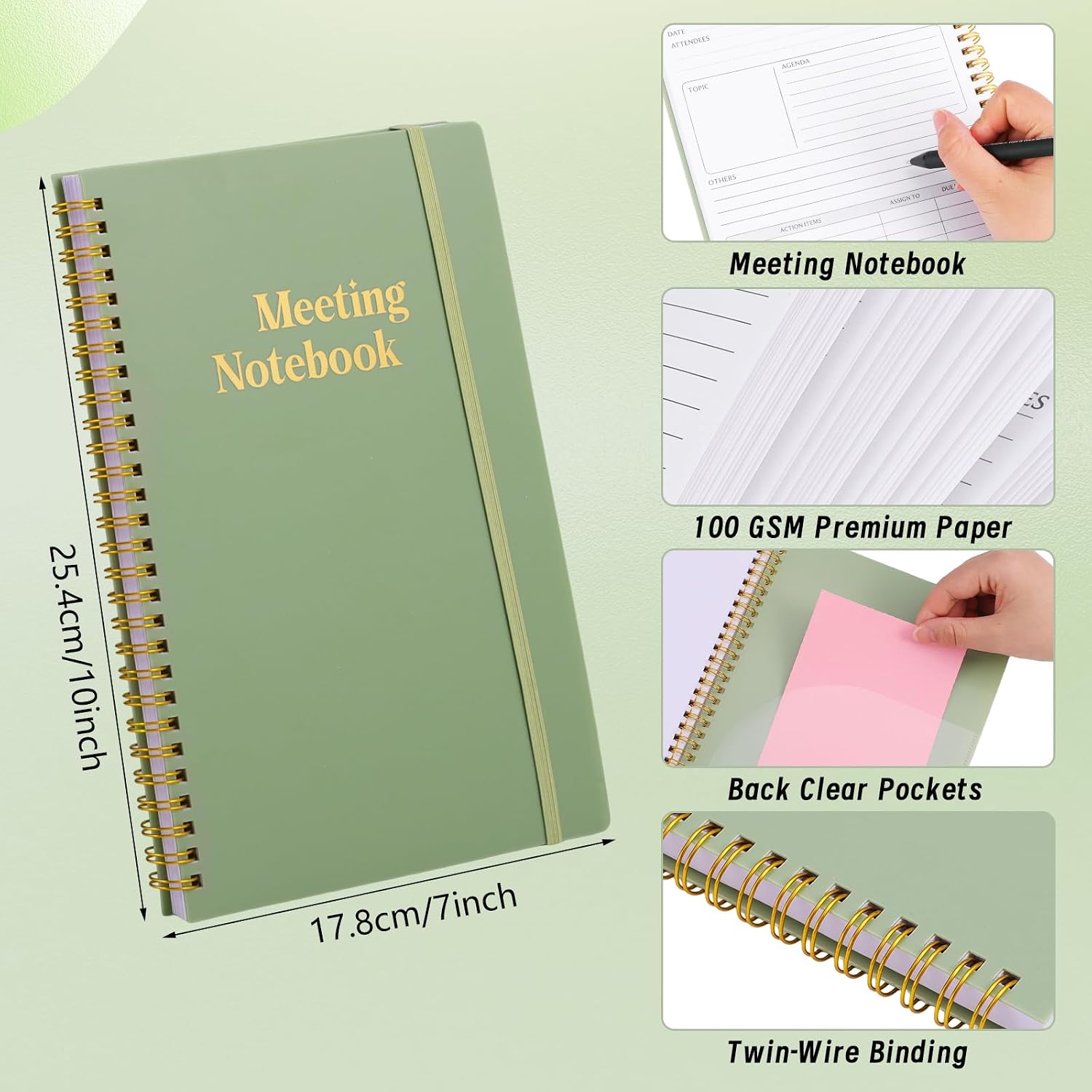Meeting Notebook, Undated Spiral Bound Hardcover, 7" x 10", Sage Green image 3