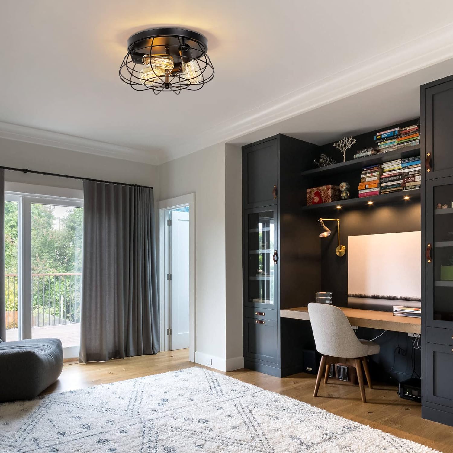 Farmhouse Flush Mount Ceiling Light Black Ceiling Light Fixtures 3-Light Industrial Flush Mount Ceiling Light Metal Cage Ceiling Lights for Kitchen Bedroom Living Room Hallway Foyer(E26 Base)
