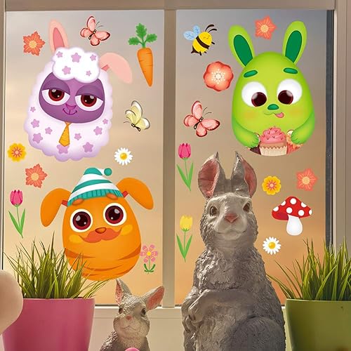 Miniatura 7 de LOAVER 50 calcomanías de Pascua para ventana, diseño de huevo de gran tamaño, conejito y pollito, para decoración del hogar, fiesta