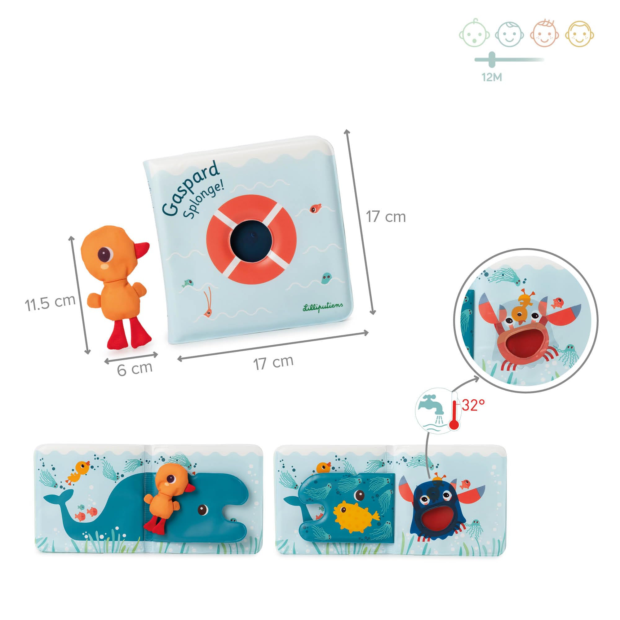 Lilliputiens - Libro de baño mágico Interactivo - Gaspard el Pato y Sus Amigos acuáticos - Juguete Educativo y Divertido para bebés - Regalo Ideal - Descubrimiento y Despertar - 83456