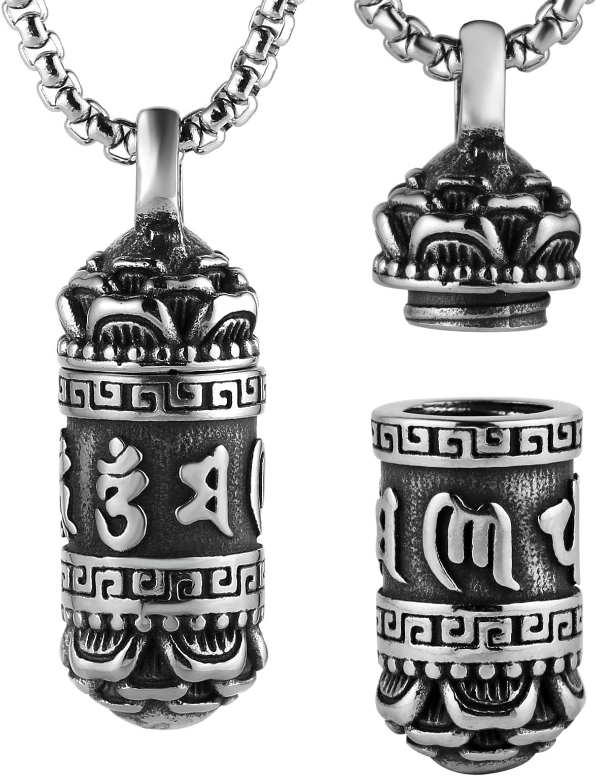 Tibetan Buddhist Meditation Stainless Steel Pendant Memorial Cremation Ash Pill Container Necklace Men's Ladies Comes with 23.6" Chain, Stainless Steel, not known