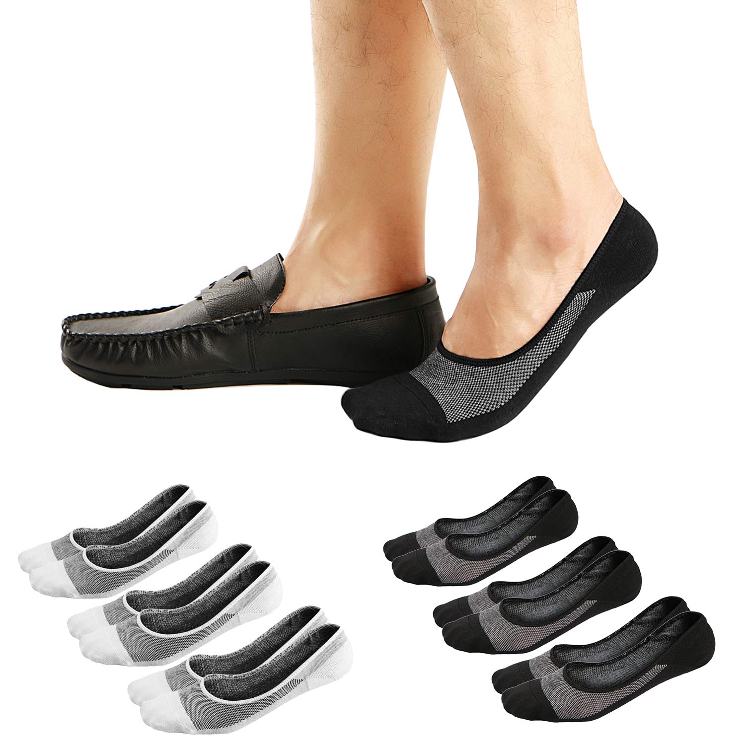 Ueither Men's Black/White (3 Pairs Each) No Show Socks Invisible Liner Loafers Sneakers Socks Non Slip (, 9.5-13.5)