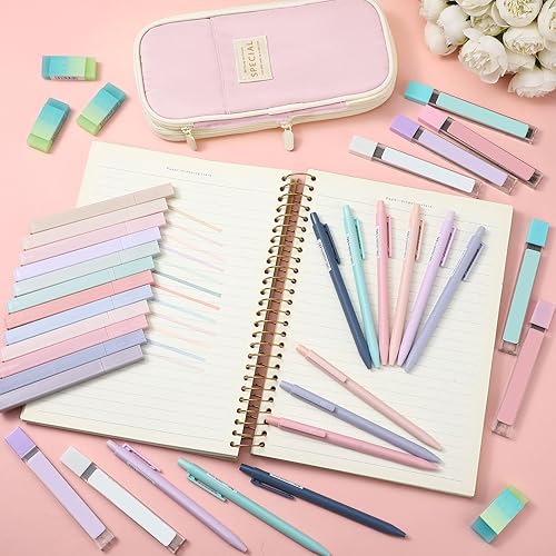 Miniatura 5 de Teling 37 piezas de suministros estéticos para el regreso a clases con bonito estuche para bolígrafos, 12 marcadores pastel, 12 lápices mecánicos de