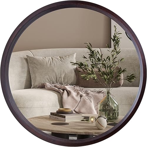 CASSILANDO Round Mirror, 30Inch Wood Circle Wall Mirror, Large Round Decorative Mirror, Round Vanity Mirror for Living Room, Bathroom, Bedroom, Entryway, Walnut Brown