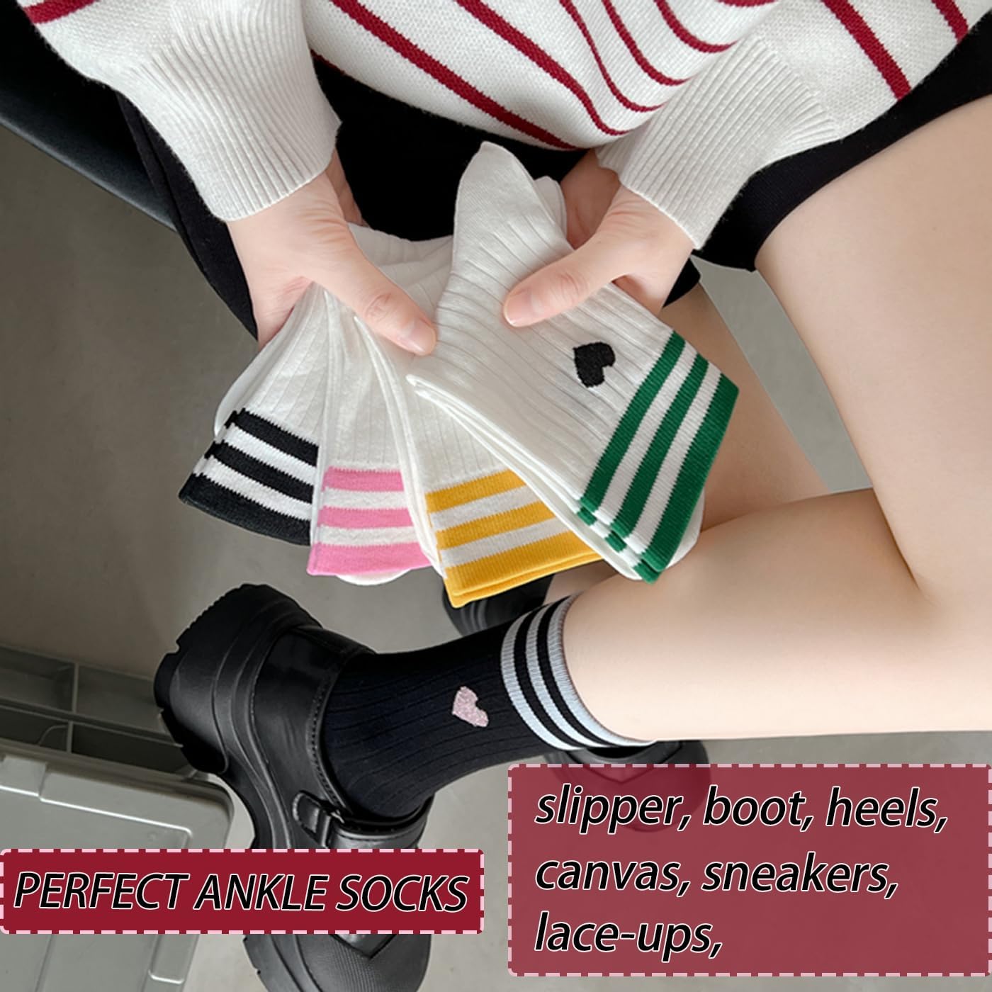 CHUNFO Cute Heart Red Ankle Womens Athletic Colorful Striped Socks Novelty Big Kid Crew Sock 4 & More Pairs