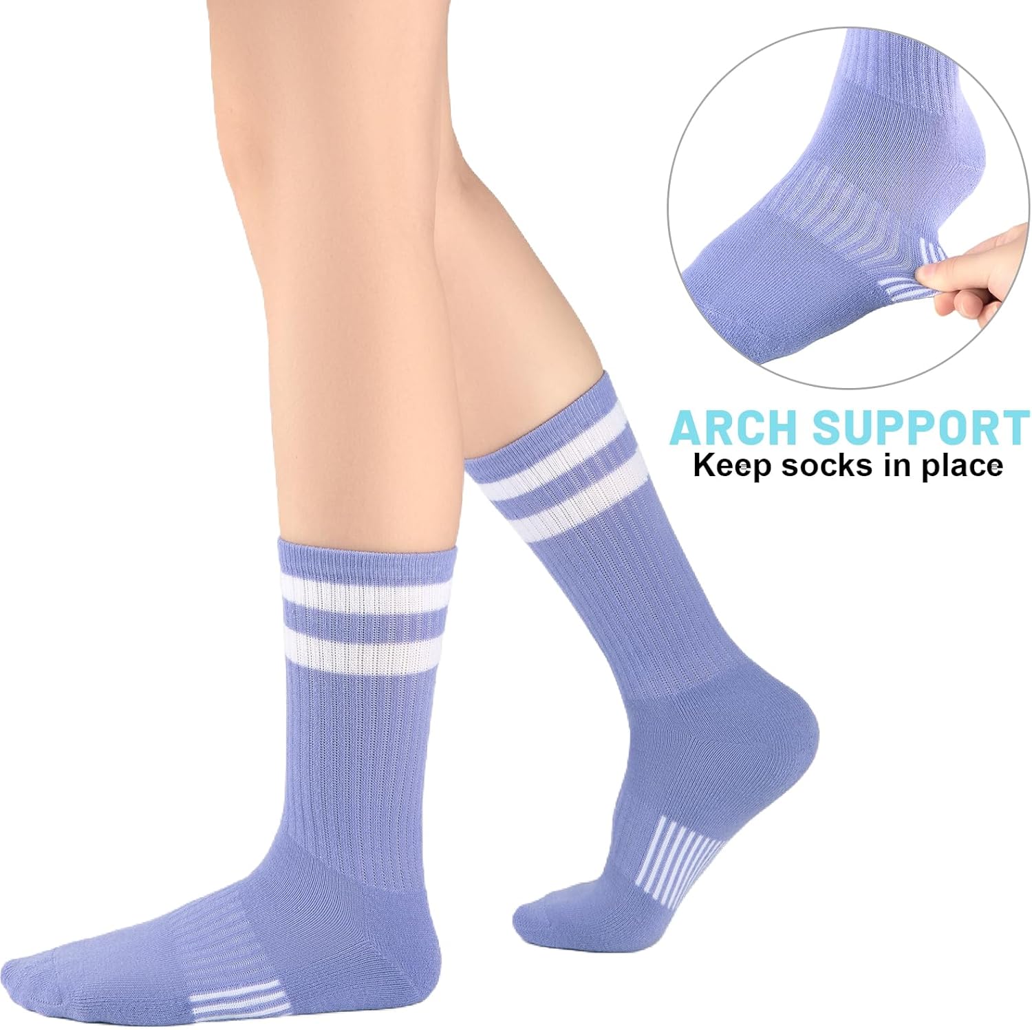 Womens Crew Socks Athletic Running Casual Cushioned Striped Calf Sock for Women 5 Pairs - Image 7