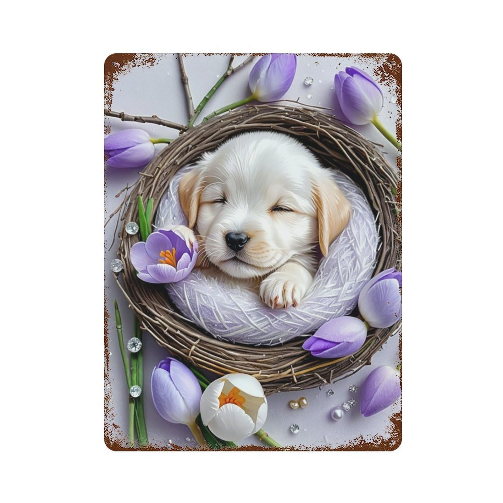Garage Style Floral Nest with Cute Puppy Rusty Metal Tin Sign 15.7"x11.8", Decorative Metal Wall Art for Bar And Workshop