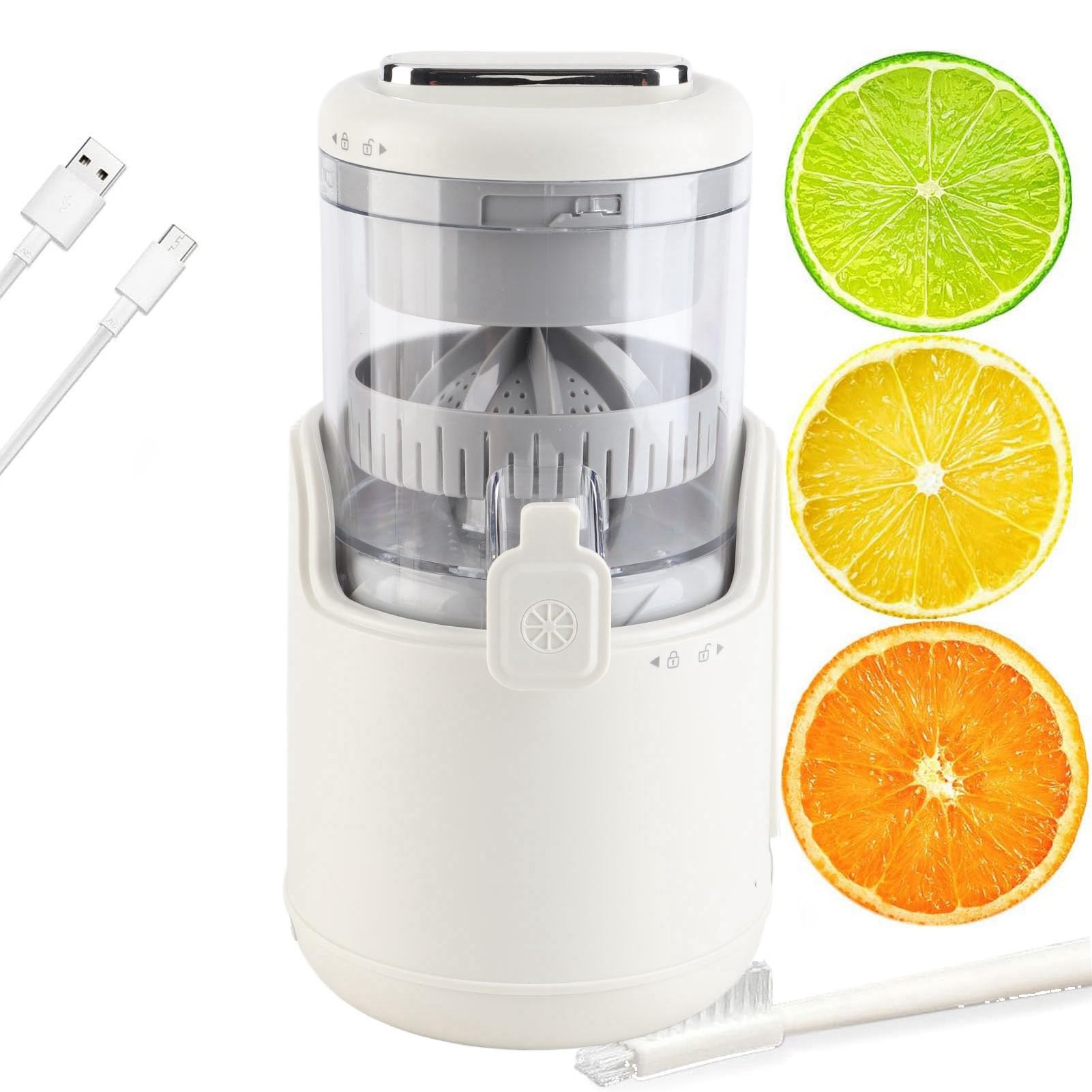 Elektrische Zitruspresse, Wiederaufladbare Entsaftermaschine mit USB-Kabel und Reinigungsbürste, Elektrische Zitronenpresse für Orangen-Zitronen-Limetten-Grapefruit