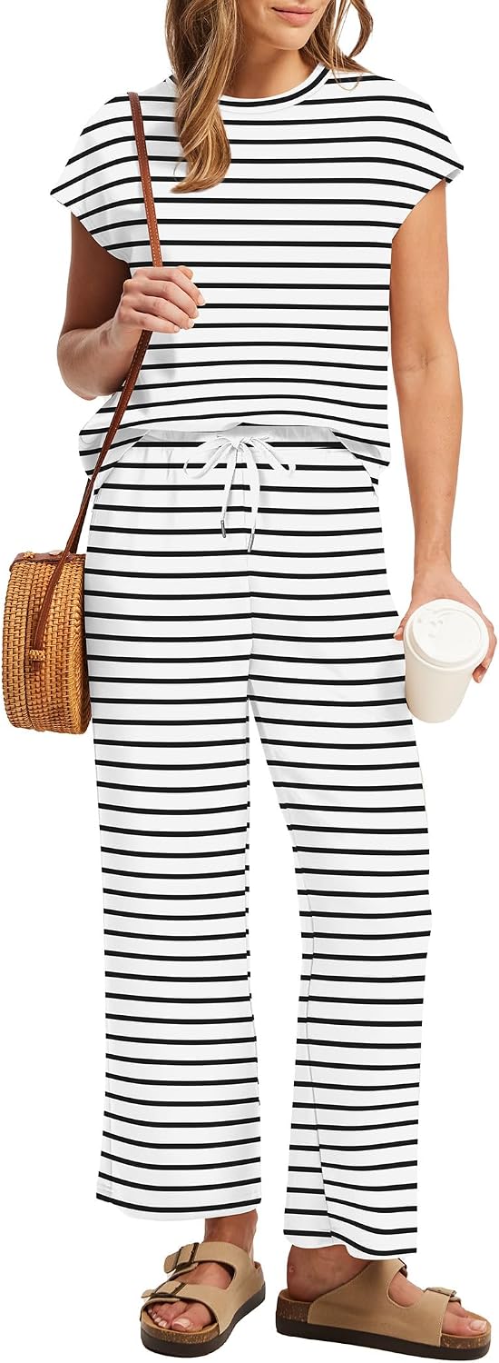Sampeel Vacation Outfits for Women 2 Piece Sets Lounge Wide Leg Pants Matching Sets Women Clothing Pajama Fashion Plus Size Summer Outfits Airport Travel White and Black Striped XL image 3