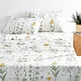 Wake In Cloud - Floral Bed Sheets, 4-Piece Sheet Set, Cute Botanical Shabby Chic Coquette Cottagecore Flower Pattern Printed Bedding, Deep Pocket, Yellow Green, King Size