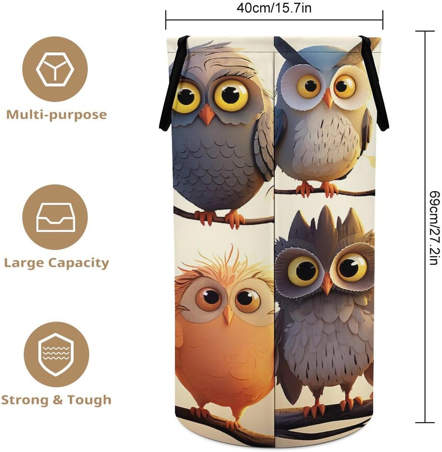 Large Laundry Hamper with Handles Owls Birds Laundry Basket Freestanding Waterproof Clothes Hamper for Living Room Bedroom Bathroom College Dorm