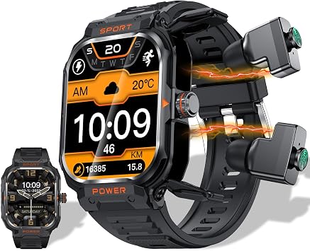 ZJX Smart Watch with Earbuds for MenCall Receive/Dial, 2.01" HD Outdoor Tactical Rugged, Sports Fitness Tracker with Step,Calories,Sleep Monitor,Heart Rate Monitor for iPhone Android Classic Black