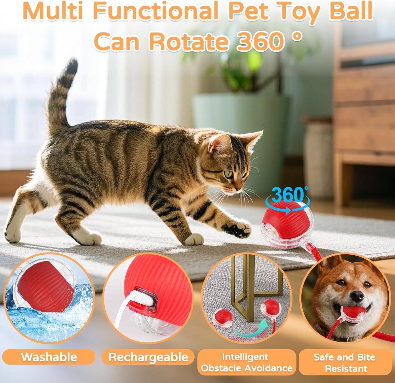 THE CLOTHING DOOR Smart Interactive Rolling Ball Dog Toy | Automatic 360° Moving Pet Toy with LED Lights and Teaser Rope | USB Rechargeable Exercise Toy for Dogs & Cats (Multicolor) 3