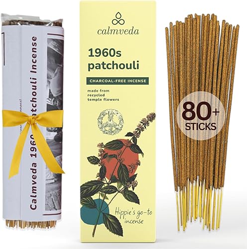 Paquete de varillas de incienso de pachulí de los años 1960 - (80 varillas) Incienso sin carbón, hecho de flores recicladas | Varillas de incienso