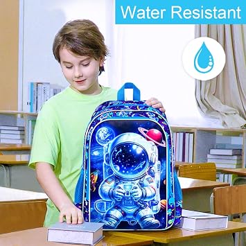 16 Space Backpack for Boy, 3Pcs Astronaut Bookbag for Elementary Preschool Kindergarten, Kids School Backpacks with Lunch Box (Blue)