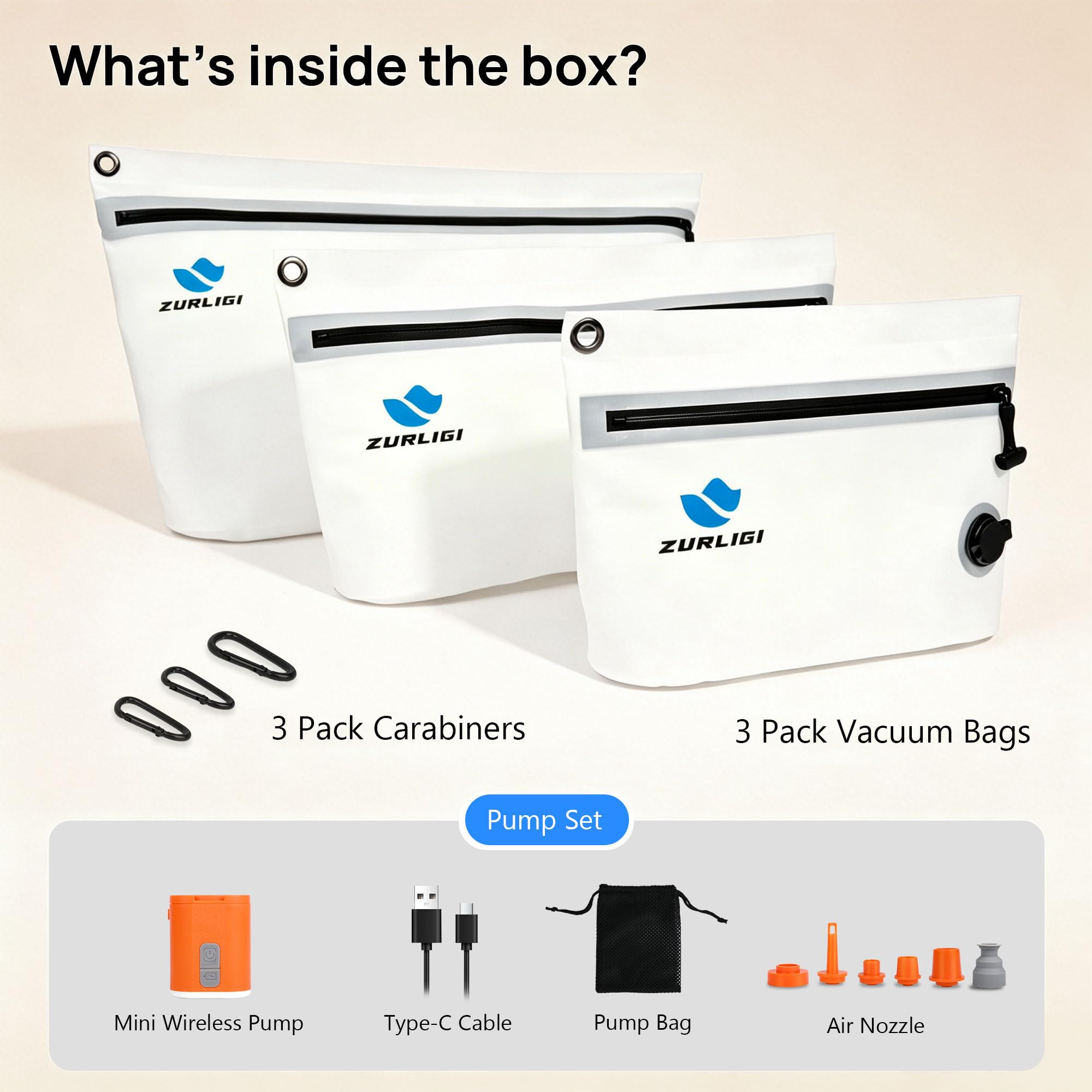 Zurligi Bolsas de viaje compactas de embalaje al vacío con mini bomba para ropa interior y artículos esenciales, juego S/M/L con sello al vacío acoplable, bolsas organizadoras de compresión para