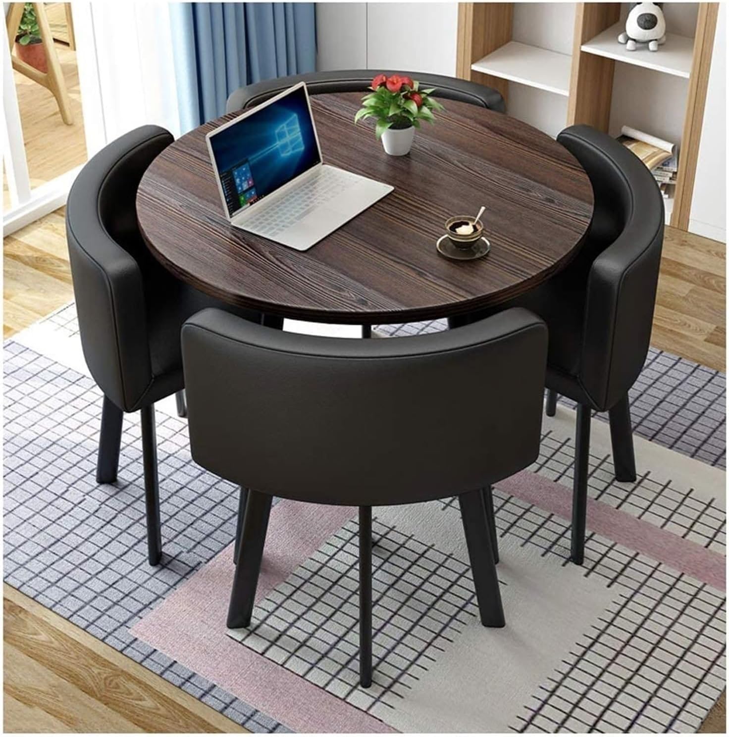 Office Reception Conference Room Round Coffee Table Set W/4 Chairs, Simple Kitchen Dining Table Set Space-Saving Furniture, 1 Table 4 Chairs Meetings Negotiation Desk(Black Leather 1)