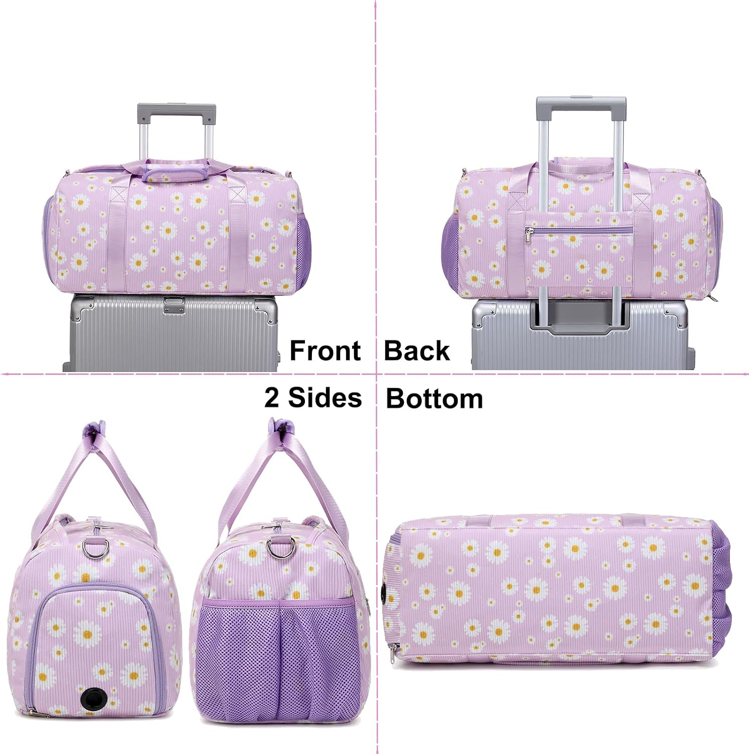 Dance Ballet Bag for Girls Teen Travel Duffel Sports Gym Yoga Cheer Weekender Corduroy Daisy Dance Bags with Shoe Compartments（purple daisy）