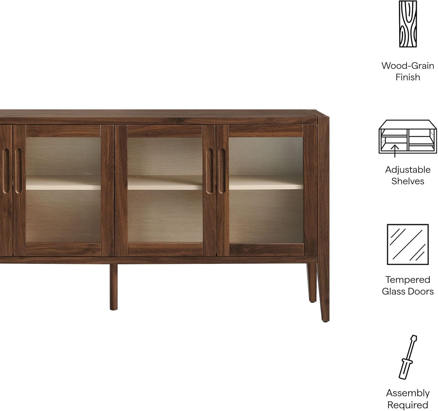 Modway Nell 72 Inch Sideboard Buffet Cabinet with Glass Doors in Walnut – Modern Storage Display Case with Adjustable Shelves for Dining Room, Kitchen, Living Room