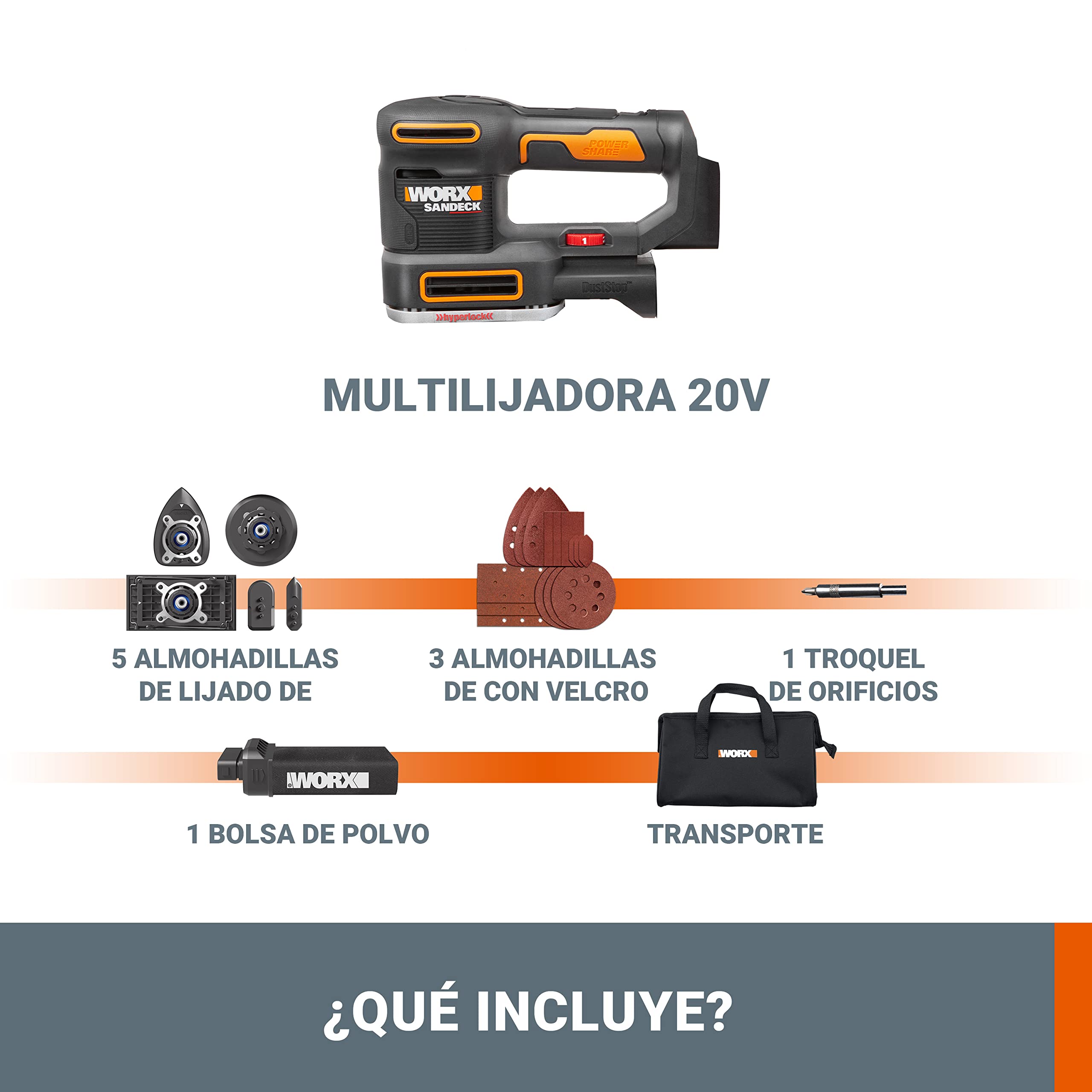 WORX Lijadora 5 en 1 Sandeck 20v Máx. | PowerShare | WX820.9 | Sin batería ni cargador | 5 funciones con cambio fácil | Velocidad variable | Diseño ergonómico | Hyperlock y Micro filtro DustStop