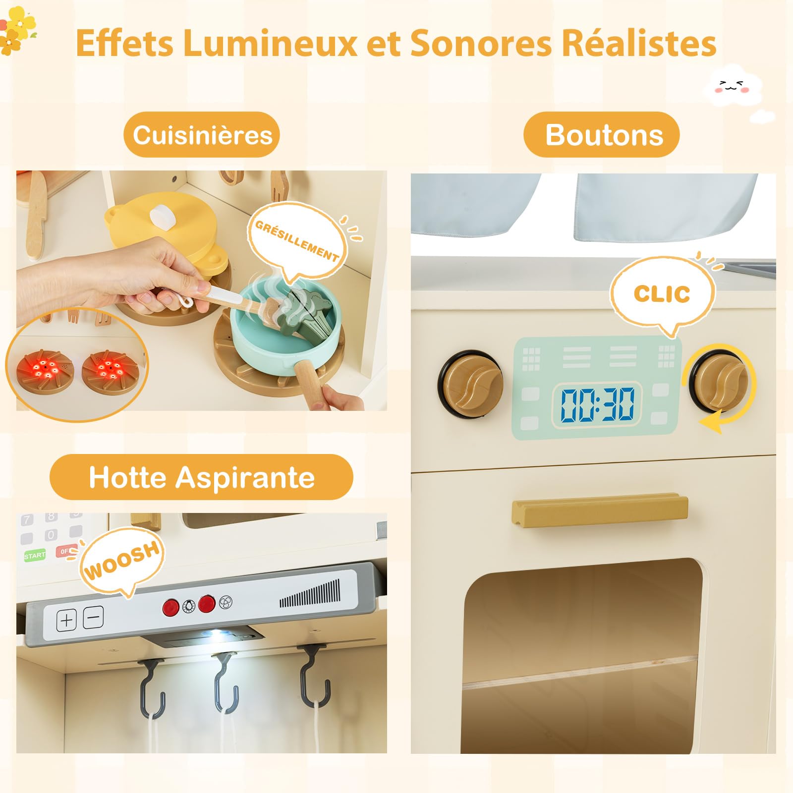 COSTWAY Cuisine d'angle en Bois Enfant avec Lumières & Sons, Jeu de Cuisine Enfant avec Réfrigérateur & Poubelle & Machine à Glaçons & Micro-Ondes, 22 Accessoires & Tableau Noir pour 3 Ans+