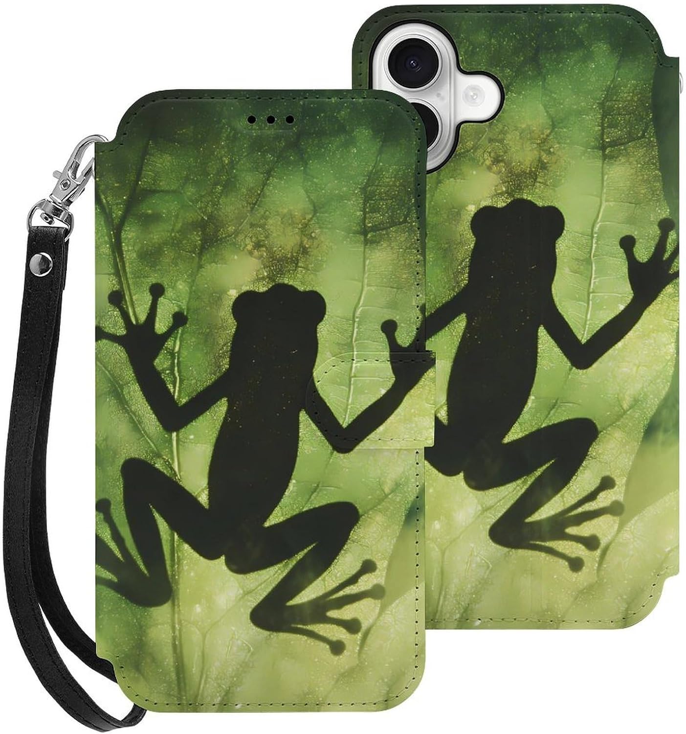 Frogs Shadow On The Leaf Compatible with iPhone 16/16 Plus/16 Pro/16 Pro Max/16 E Case Phone Wallet Card Holder Flip Cover with Wrist Strap