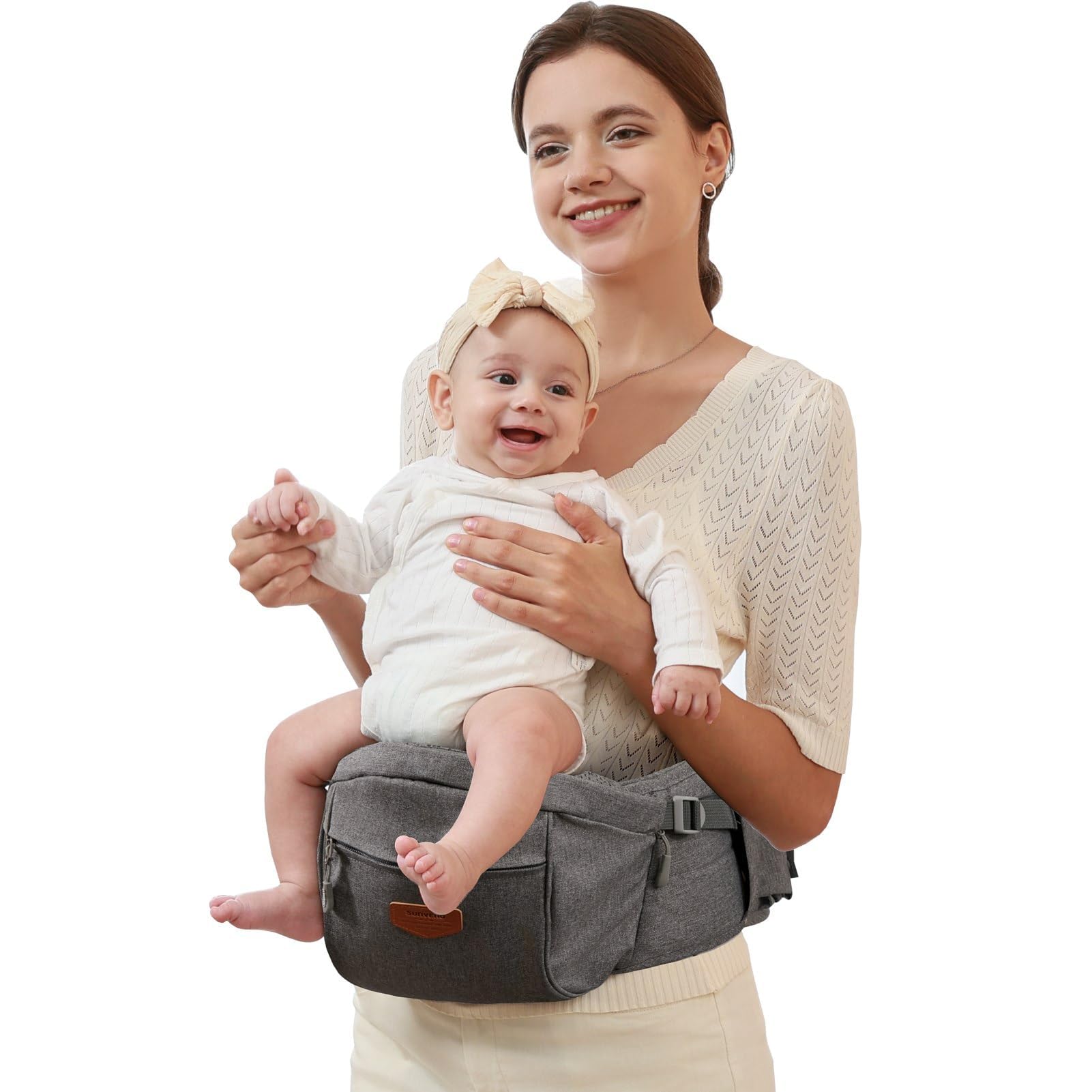SUNVENO Baby Siège de Hanche Ergonomique, Porte-bébé Respirant avec Assise Physiologique, Porteur Souple en Tissus Certifiés Légers pour Nouveau-nés, Enfants, 6-38 lb, Gris