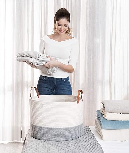 Miniatura 4 de OrganiHaus canasta de algodón extragrande con asas de cuero auténtico, 20x13.3pulgadas