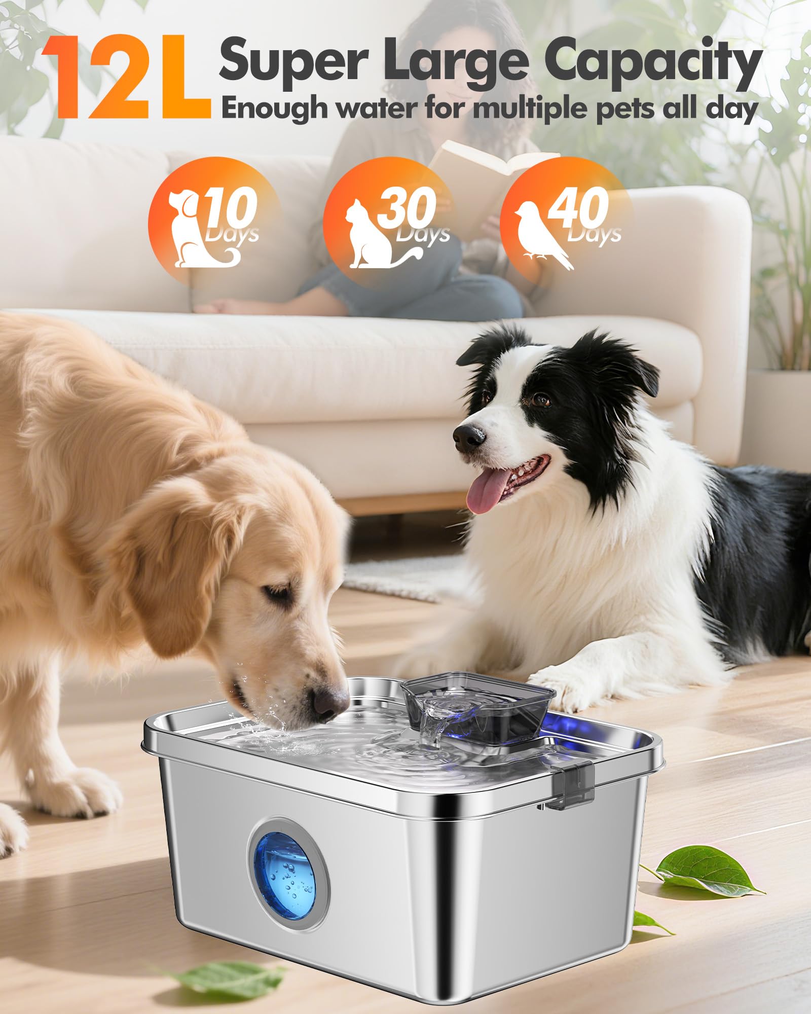 Dog Water Fountain, 12L/406oz Stainless Steel Pet Water Fountain for Large Dogs Cats, Quiet Dog Fountain Water Bowl, Visual Water Level 4 Filtration, Wide Deeper Drinking Area for Multi-Pet Home - image 8