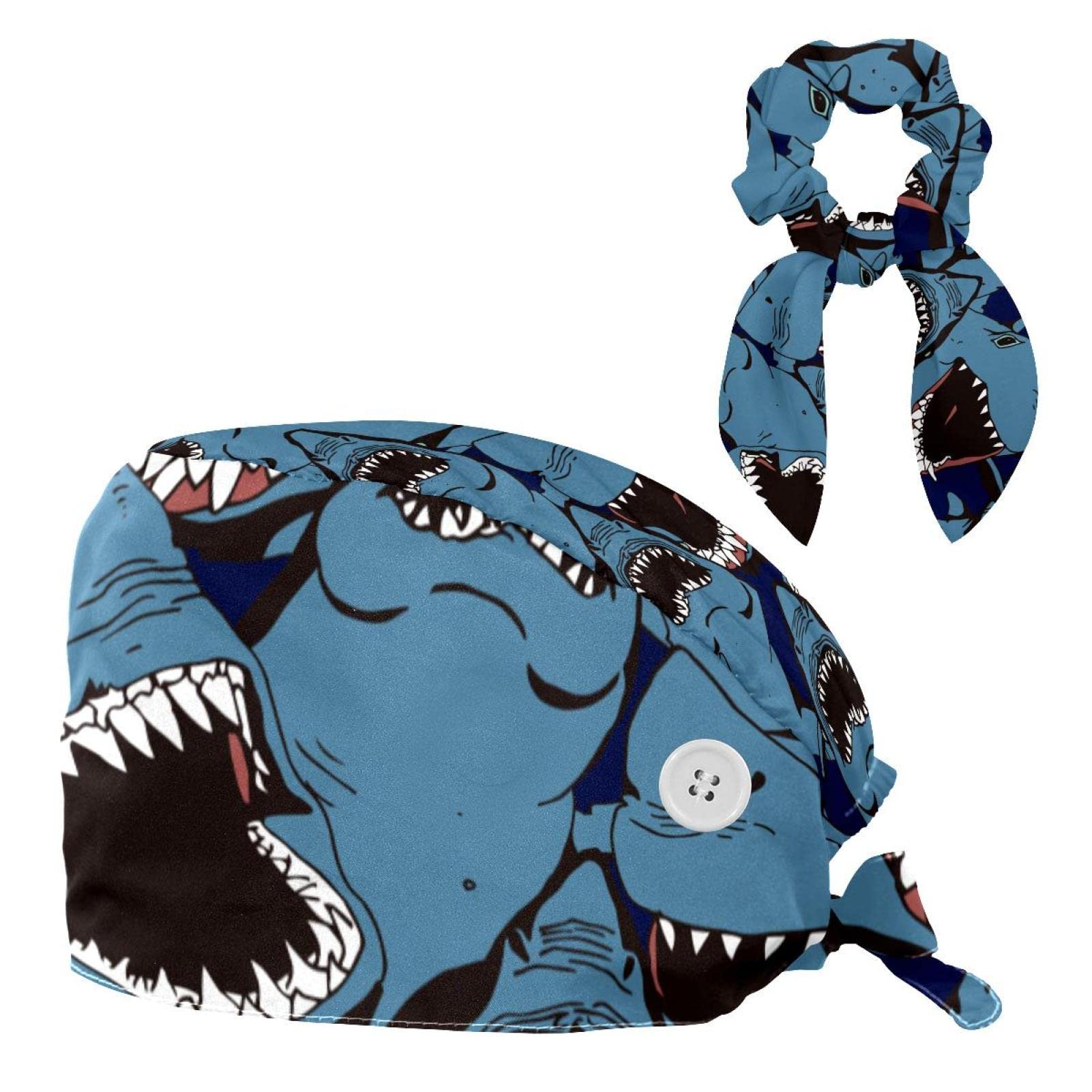 Bouffant Caps with Hair Tie Working Cap with Sweatband Tie Back Hats Nurse Hat Mosaic Triangle Symmetry Green Blue