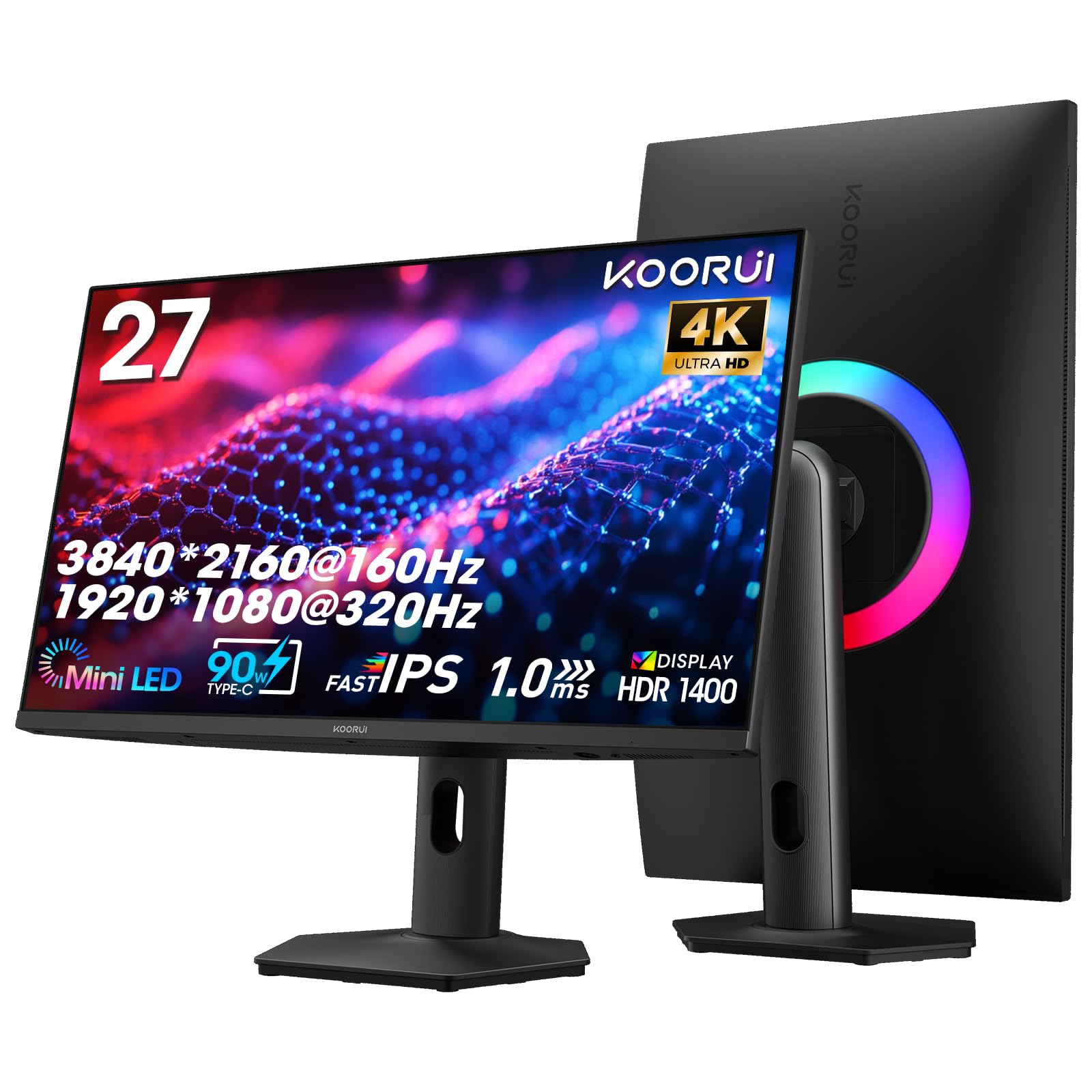 KOORUI 27" 4K QD-Mini LED Gaming Monitor - Dual-Mode (UHD 160Hz or FHD 320Hz), 1ms, 99% Adobe RGB, HDR1400, 90W USB-C, HDMI 2.1/DP1.4, VESA, Tilt Height Swivel Vertical Adjustment, Black, S2741LM