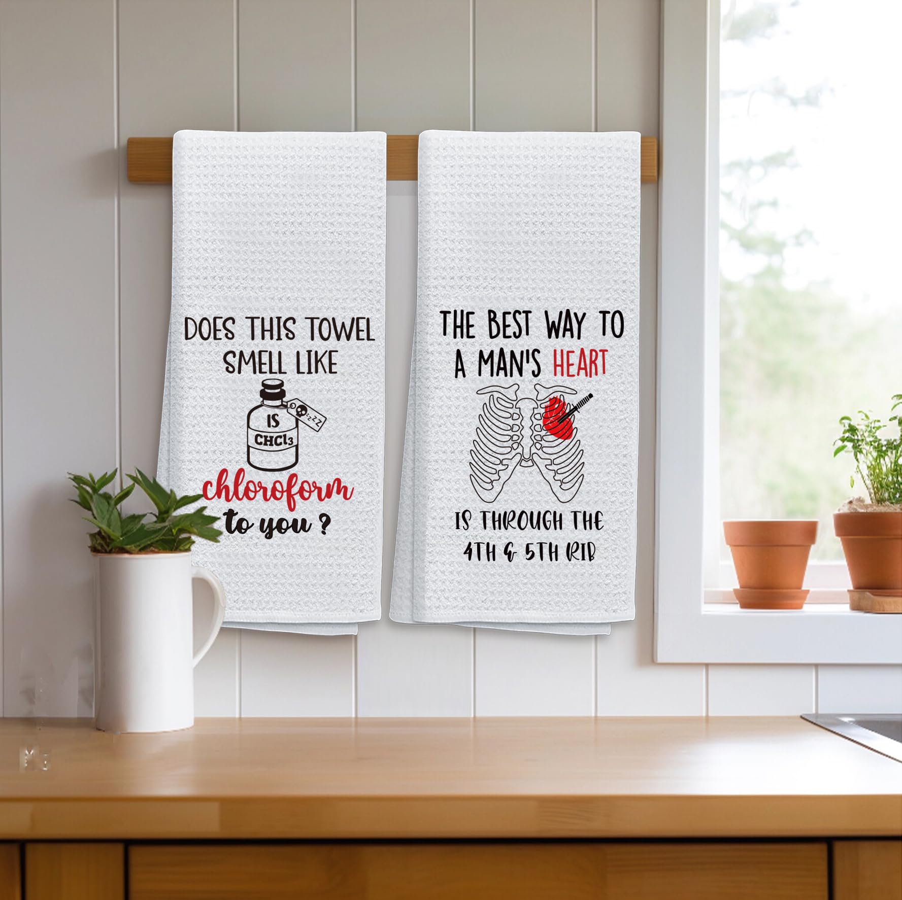Arosedmo 2 Pack Funny Gothic Kitchen Towels, Serial Killer Gifts for Women, Twisted Sense of Humor Dark Humor Towels, Halloween Goth Home Decor, Does This Towel Smell Like Chloroform to You