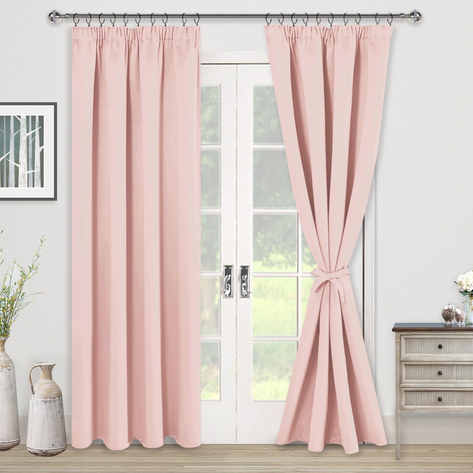 JIUZHEN Blackout Curtains with Ruffle Tape, Opaque Curtains, Living Room Curtains, Bedroom, Thermal Curtain, Pink - Image 2